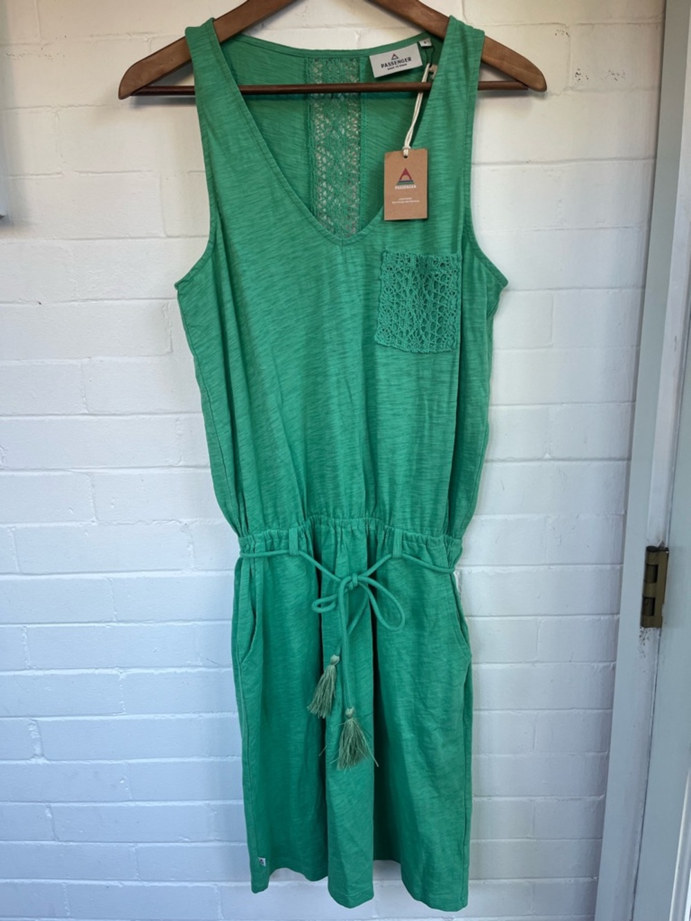 NWT Passenger Green Crochet-Detail Sleeveless Dress Recycled and Organic Cotton